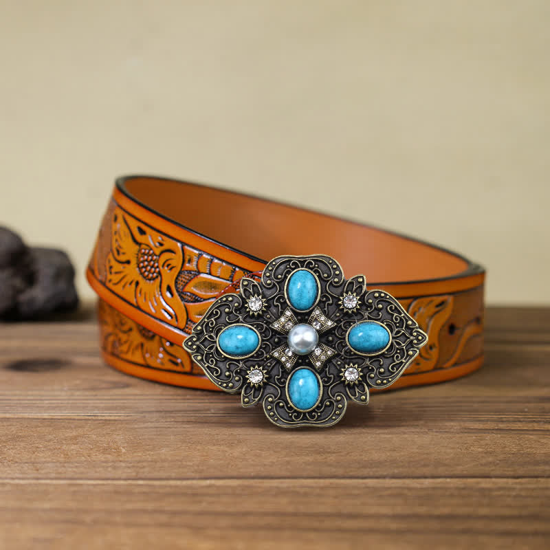 Cintura in pelle con fibbia decorativa turchese fai da te da uomo