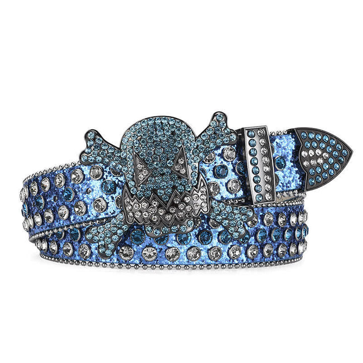 Cintura in pelle con decorazione in perline e strass a forma di teschio di roccia