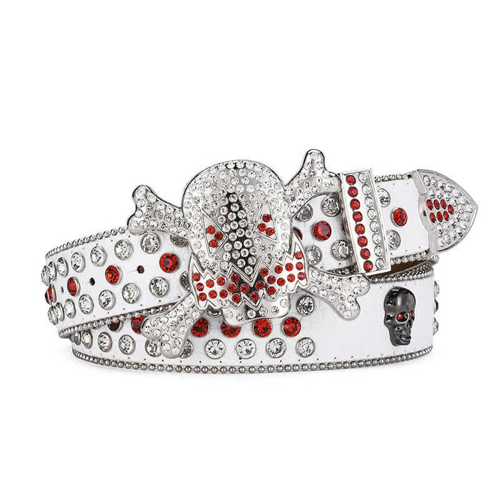 Cintura in pelle con decorazione in perline e strass a forma di teschio di roccia