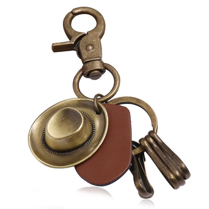 Portachiavi in pelle con cappello da cowboy in bronzo antico retrò