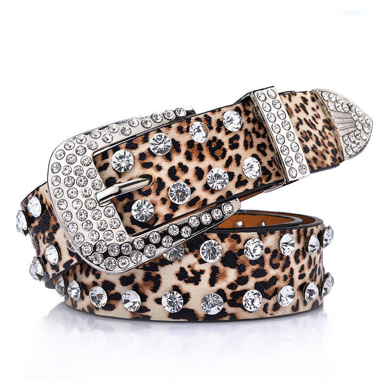 Cintura in pelle con stampa leopardata e strass intarsiati da donna