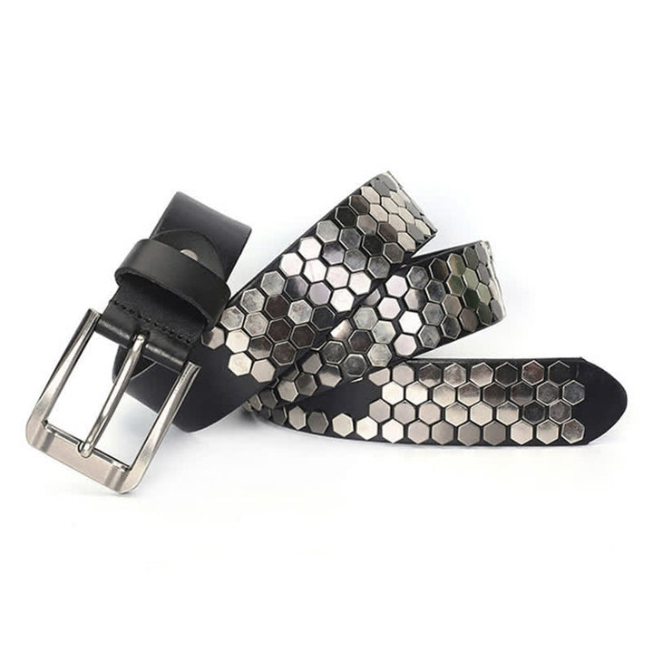 Cintura unisex in pelle con borchie esagonali