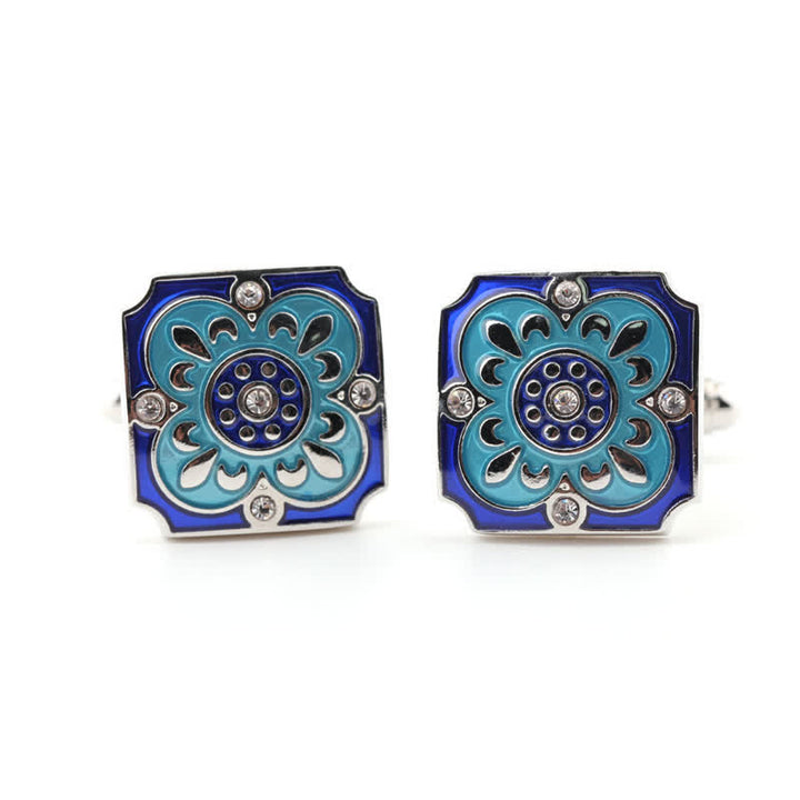 Gemelli da uomo quadrati retrò con fiore smaltato blu