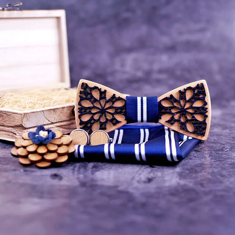 Set di 4 papillon in legno con accessori patchwork da uomo