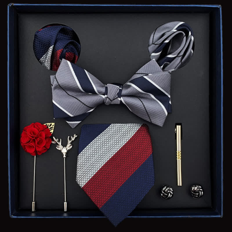 8 pezzi papillon a righe blu e rosse grigie da uomo in scatola regalo