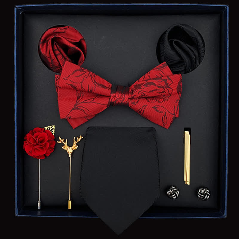 8 pezzi papillon da uomo con motivo floreale nero e rosso in scatola regalo