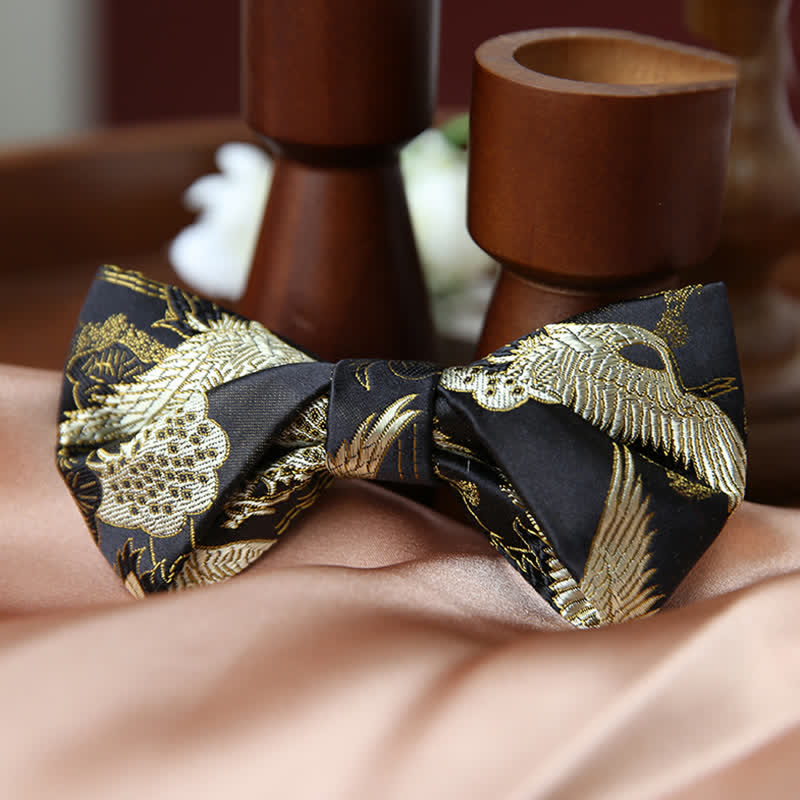 Papillon di lusso da uomo in jacquard con motivo gru dorata