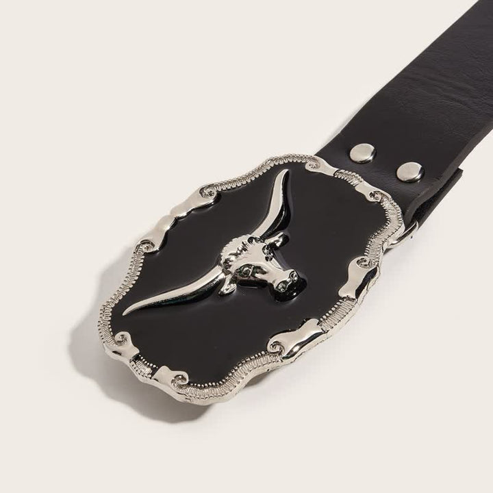Cintura da uomo in pelle nera con rivetti a forma di toro Longhorn