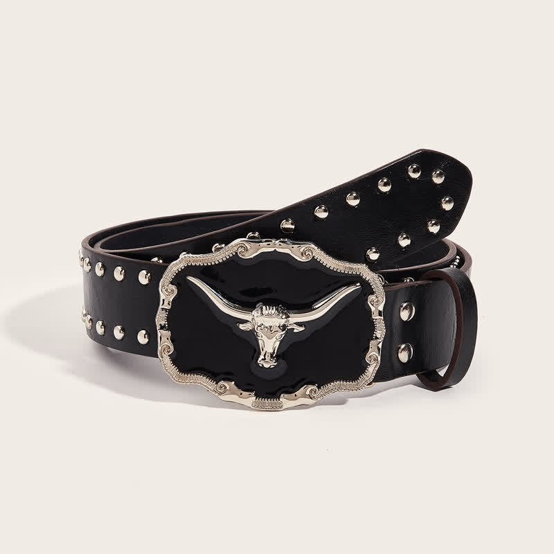 Cintura da uomo in pelle nera con rivetti a forma di toro Longhorn