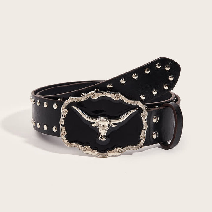 Cintura da uomo in pelle nera con rivetti a forma di toro Longhorn