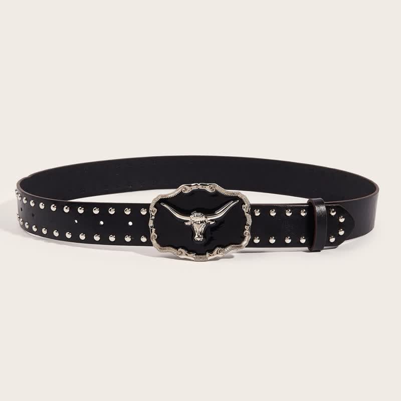 Cintura da uomo in pelle nera con rivetti a forma di toro Longhorn