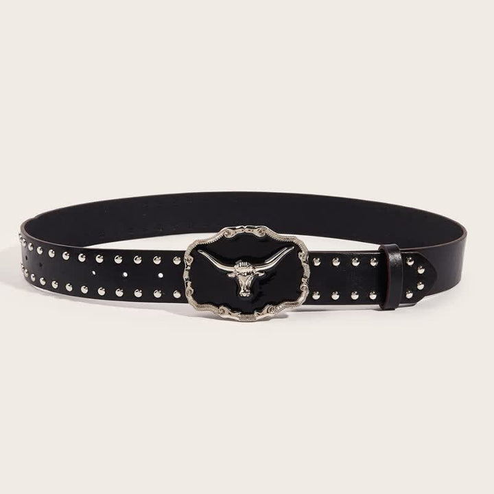 Cintura da uomo in pelle nera con rivetti a forma di toro Longhorn