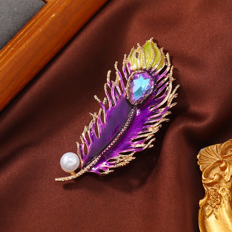 Spilla da donna in smalto con piuma di fenice e cristallo