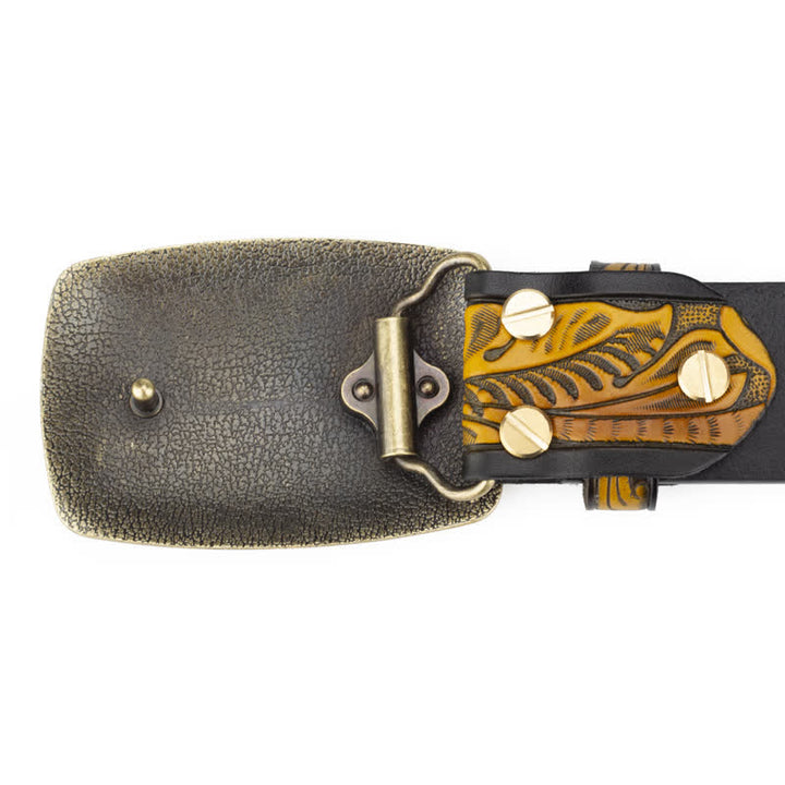 Cintura in pelle con chiusura automatica con motivo floreale inciso da uomo