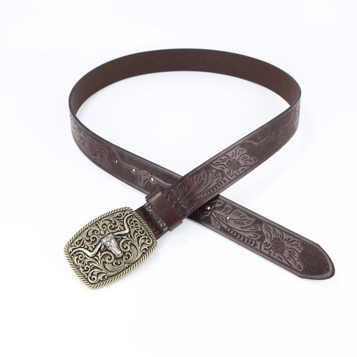 Cintura da uomo in pelle incisa con motivo floreale a toro in bronzo