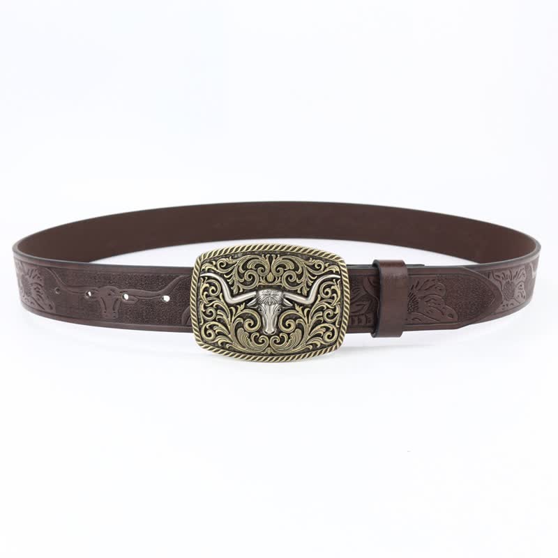 Cintura da uomo in pelle incisa con motivo floreale a toro in bronzo