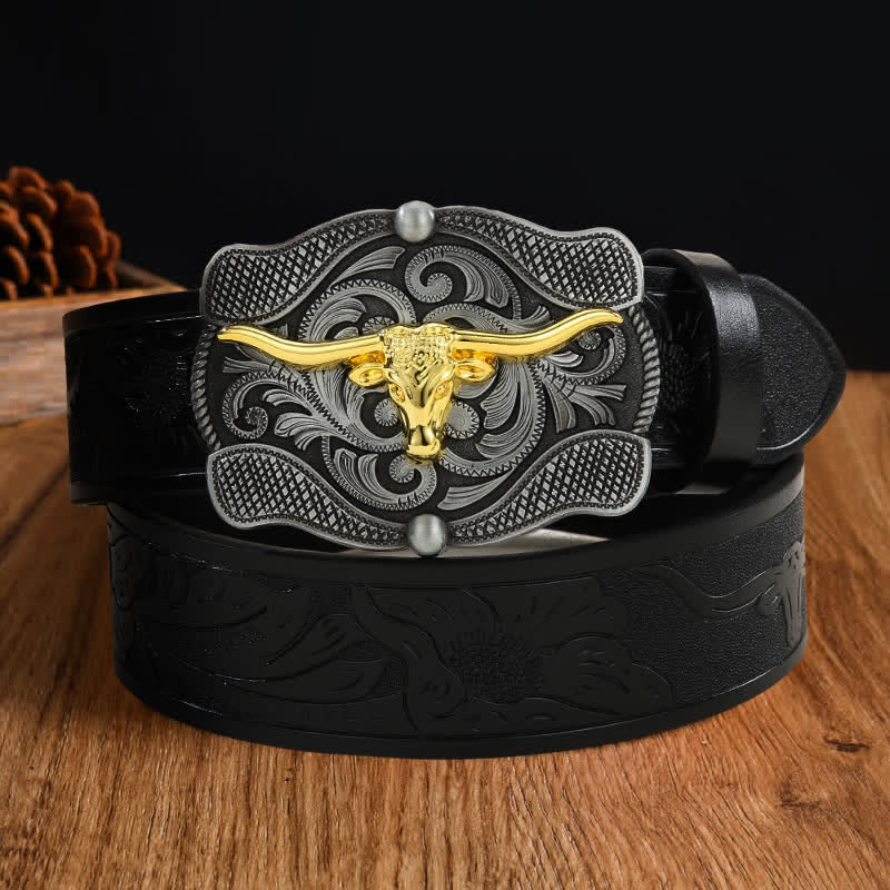 Cintura da uomo in pelle di toro Longhorn dorata quadrata