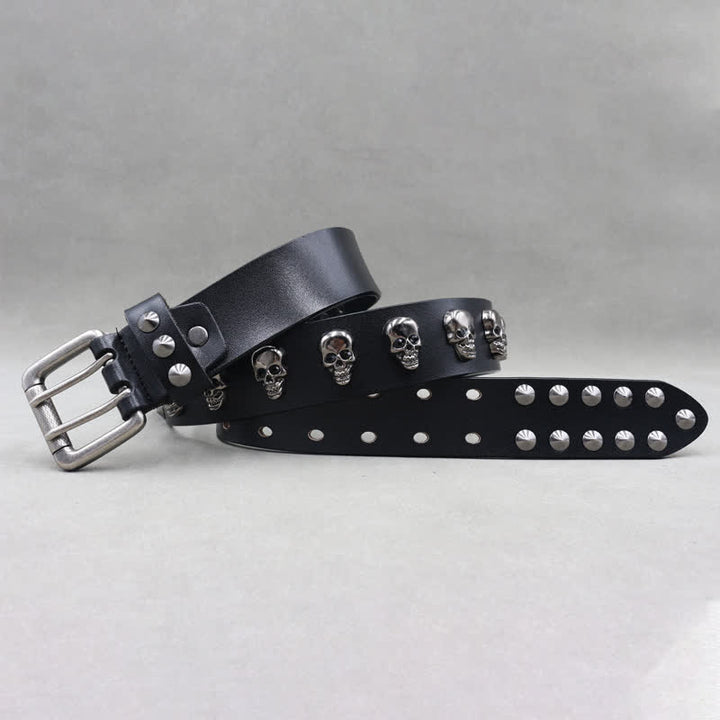 Cintura in pelle con doppio perno e rivetti a forma di teschio hip hop