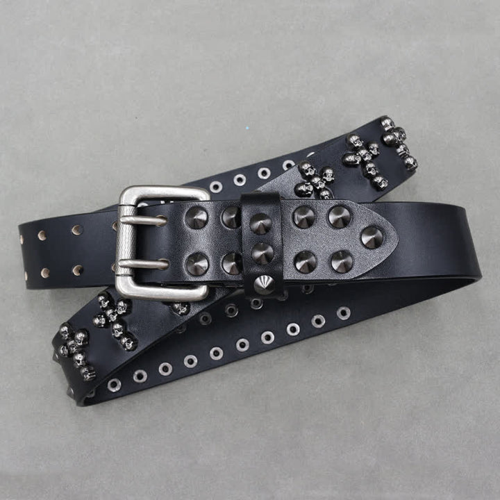 Cintura in pelle con doppio perno e rivetti a forma di croce con teste di teschio