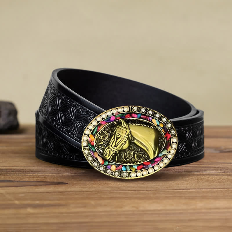 Cintura in pelle fai da te da uomo con fibbia in pietra di perle di cavallo in bronzo