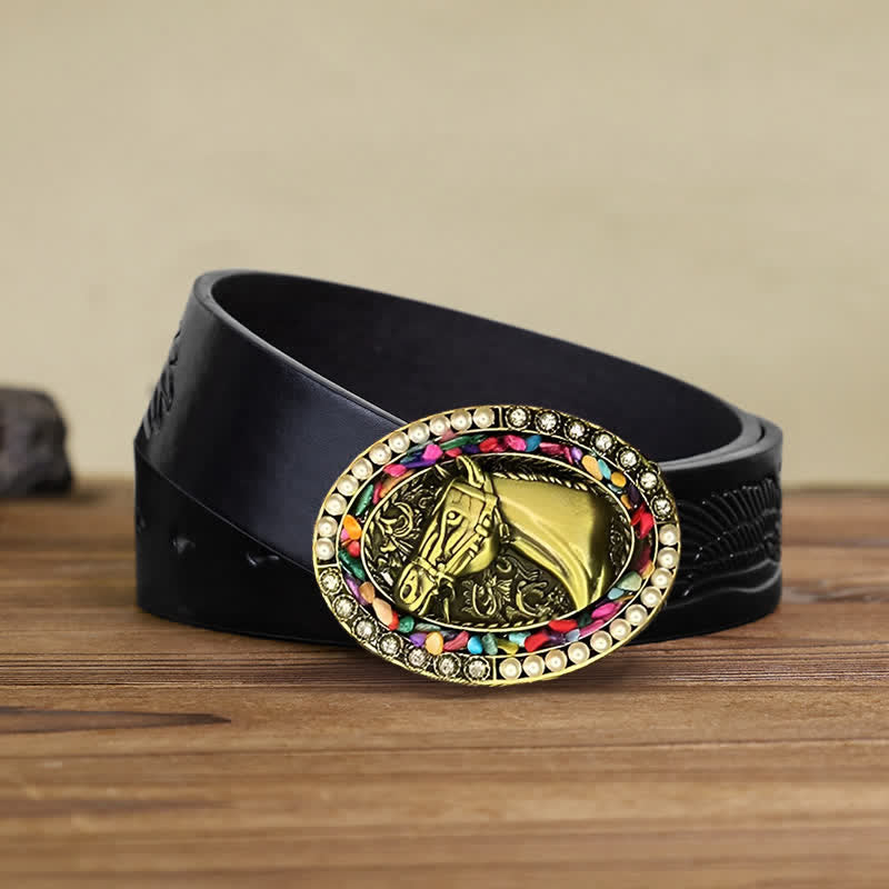 Cintura in pelle fai da te da uomo con fibbia in pietra di perle di cavallo in bronzo