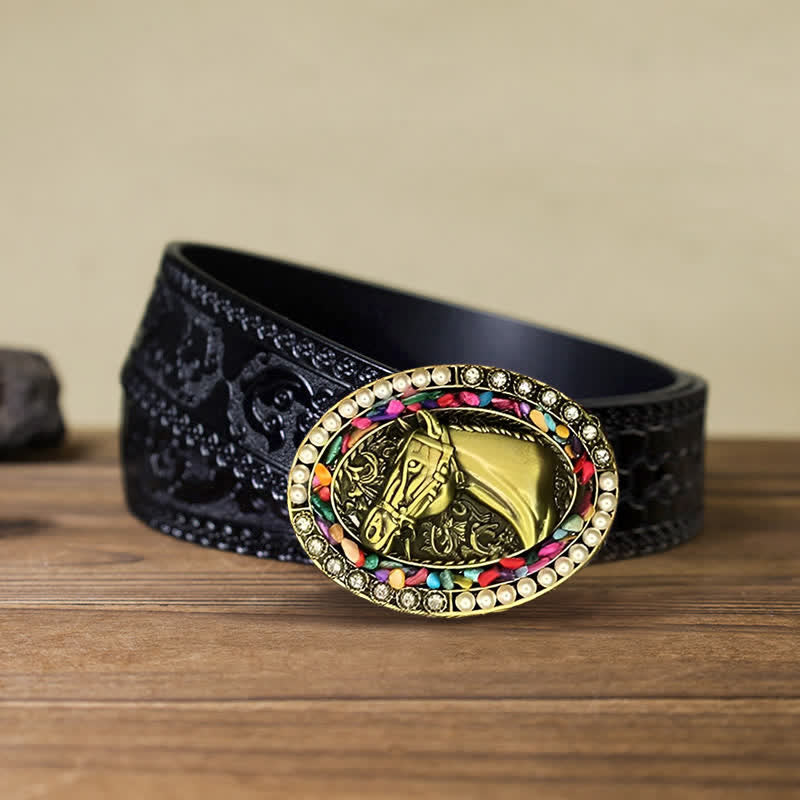 Cintura in pelle fai da te da uomo con fibbia in pietra di perle di cavallo in bronzo