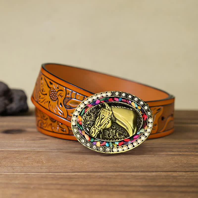 Cintura in pelle fai da te da uomo con fibbia in pietra di perle di cavallo in bronzo