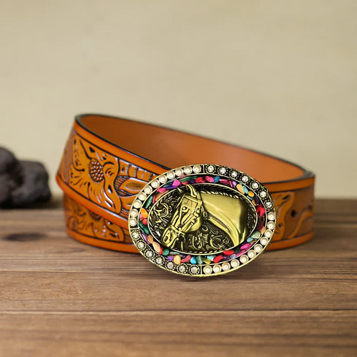 Cintura in pelle fai da te da uomo con fibbia in pietra di perle di cavallo in bronzo
