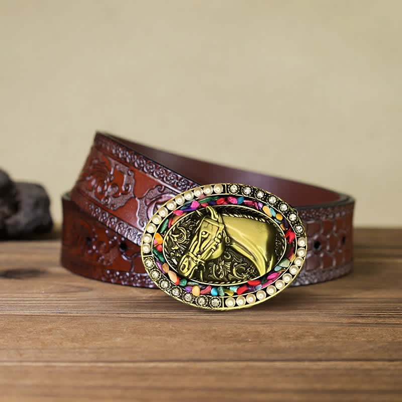 Cintura in pelle fai da te da uomo con fibbia in pietra di perle di cavallo in bronzo