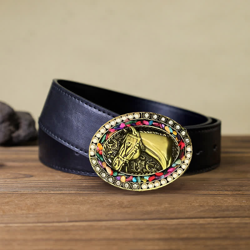 Cintura in pelle fai da te da uomo con fibbia in pietra di perle di cavallo in bronzo