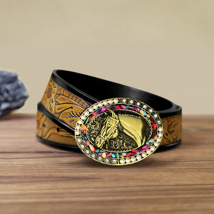 Cintura in pelle fai da te da uomo con fibbia in pietra di perle di cavallo in bronzo