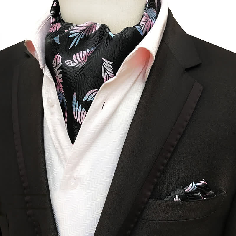 Set da 2 pezzi di fazzoletto da taschino nero e cravatta con foglie rosa