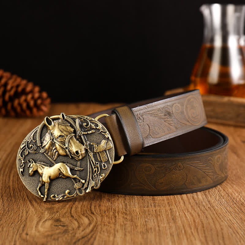 Cintura in pelle con motivo a testa di cavallo ovale