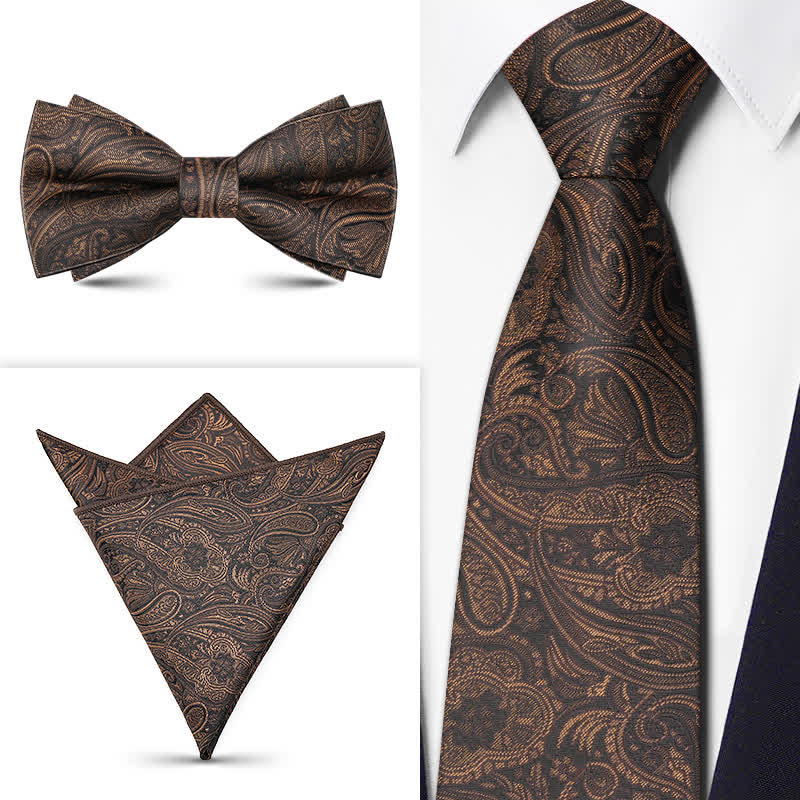 Set di 3 cravatte da uomo con motivo Paisley BowTie serie marrone
