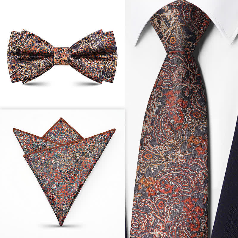 Set di 3 cravatte da uomo con motivo Paisley BowTie serie marrone