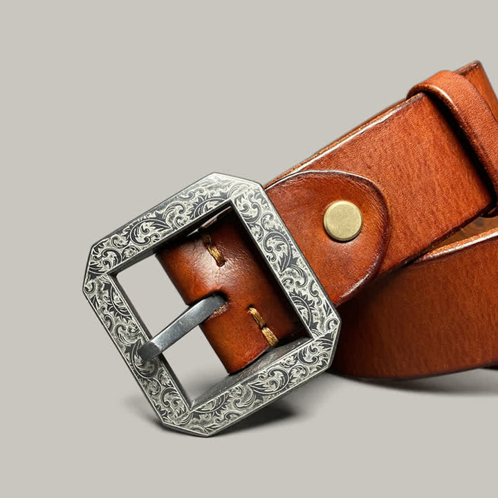 Cintura in pelle con fibbia incisa floreale quadrata per pantaloni