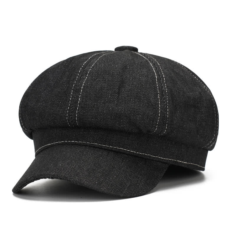 Cappello basco con visiera da giornalaio in denim con linea bianca