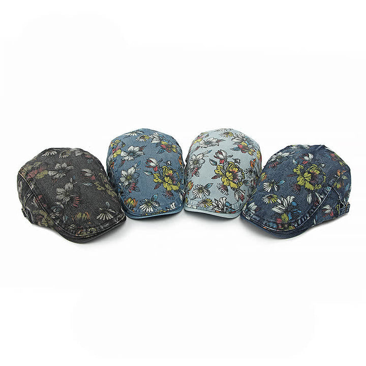 Cappello basco piatto in denim con stampa floreale alla moda