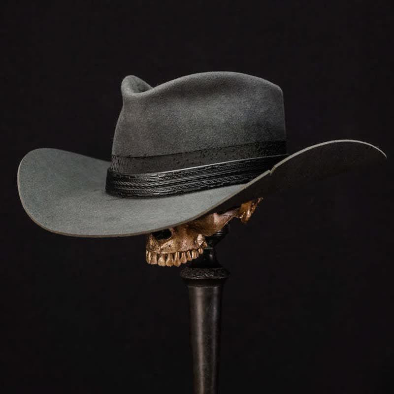 Cappello da cowboy semplice in pelle nera goffrata e lana