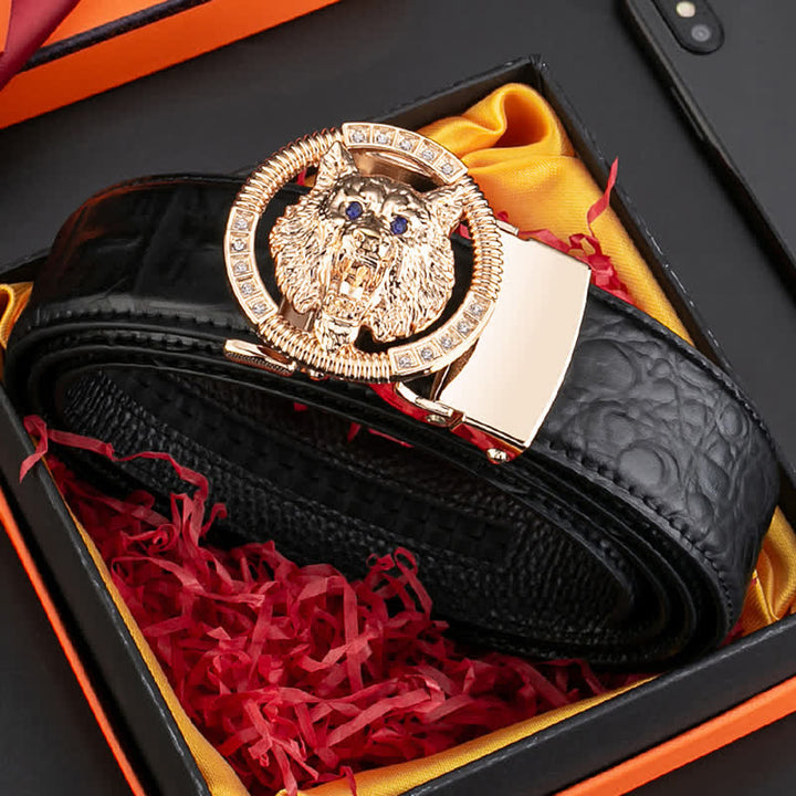 Cintura in pelle con chiusura automatica con strass a forma di lupo rotondo da uomo