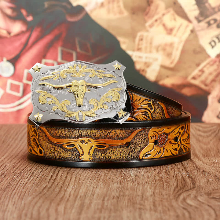 Cintura da uomo in pelle con testa di toro 3D in argento e oro