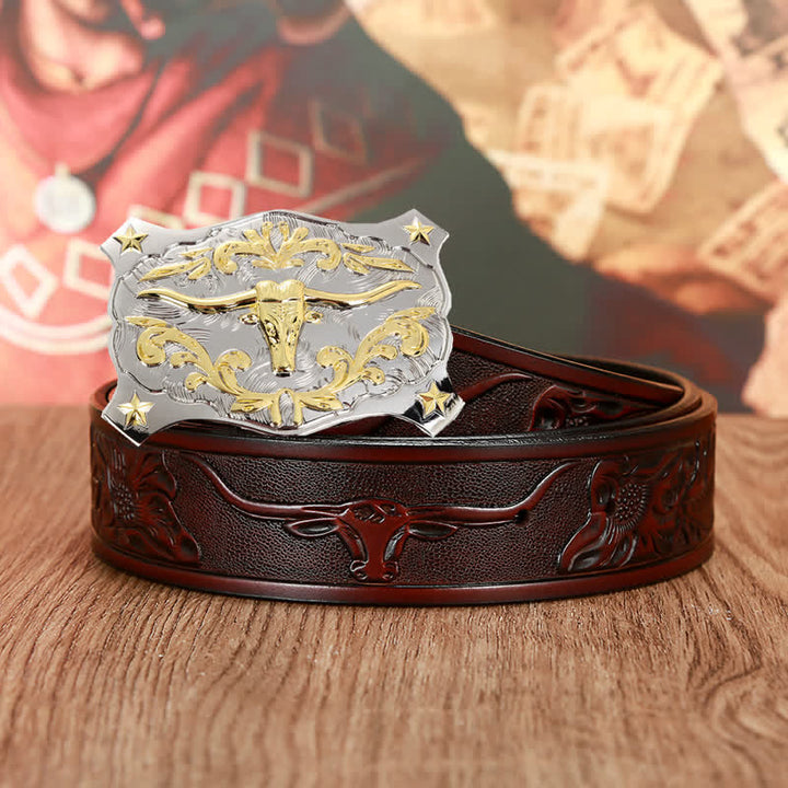 Cintura da uomo in pelle con testa di toro 3D in argento e oro