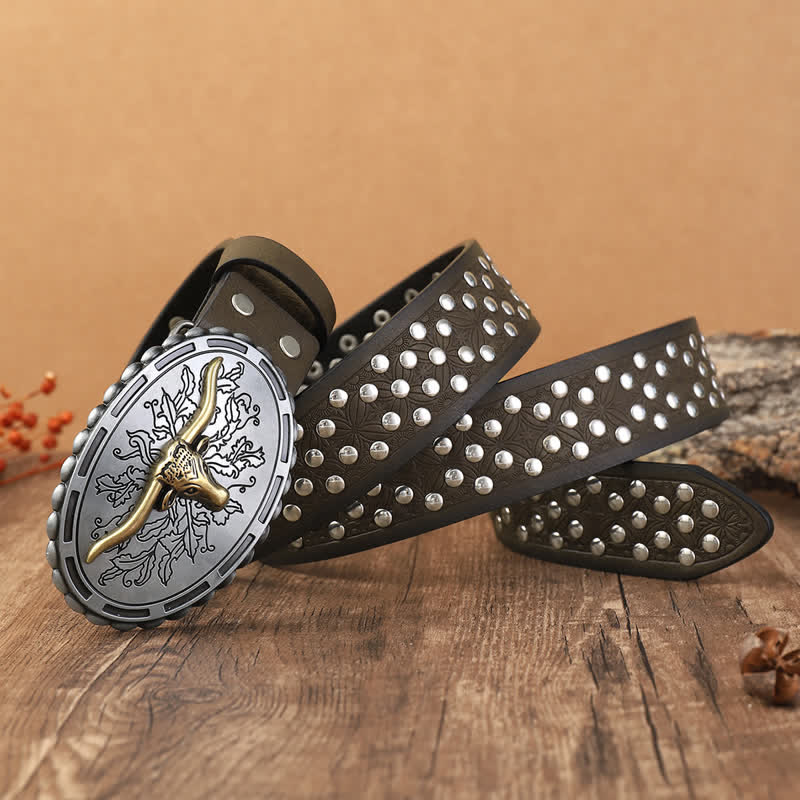 Cintura in pelle con decorazioni con borchie a testa di toro in argento da uomo