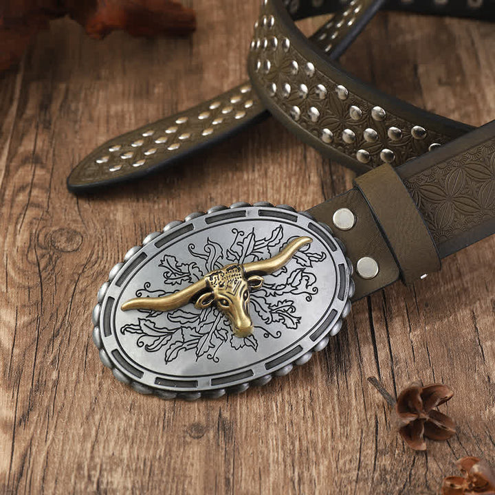 Cintura in pelle con decorazioni con borchie a testa di toro in argento da uomo