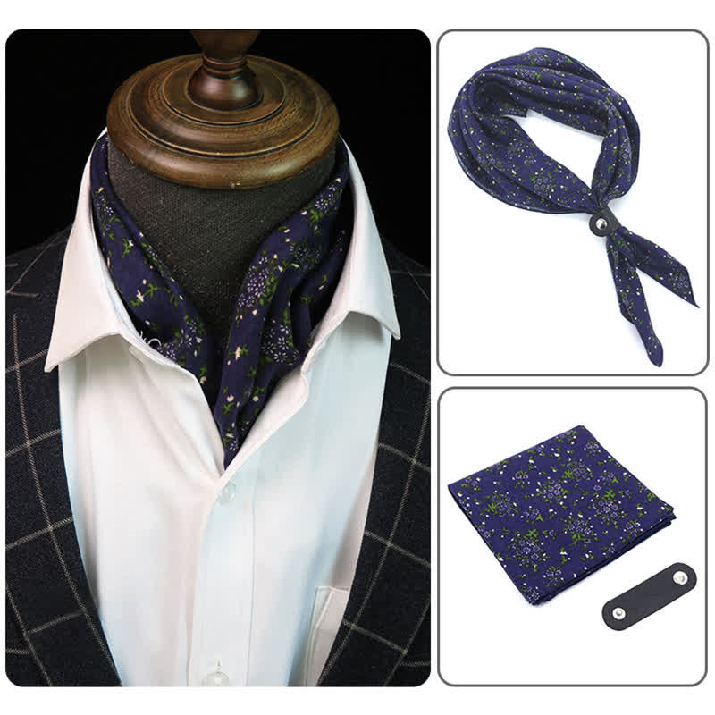 Sciarpa quadrata a fiori blu navy e viola con fibbia per sciarpa
