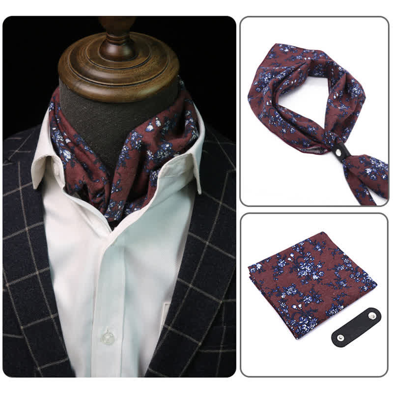 Sciarpa quadrata con fiori FireBrick e blu navy con fibbia per sciarpa