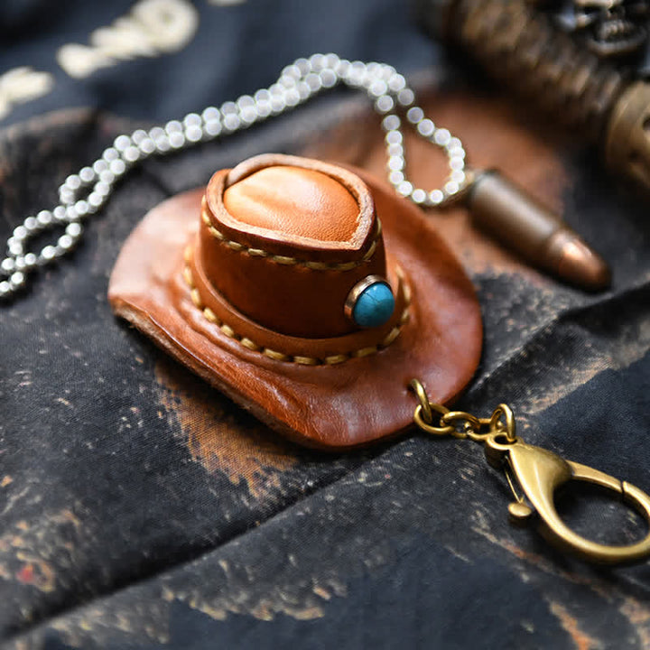 Mini cappello da cowboy in pelle portachiavi fatto a mano