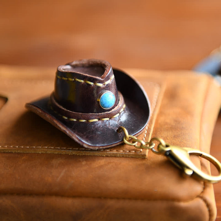 Mini cappello da cowboy in pelle portachiavi fatto a mano