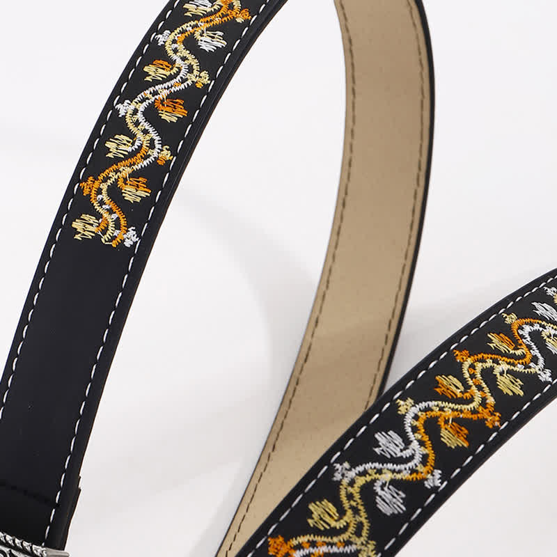 Cintura da donna in pelle con ricamo nero, arancione e bianco