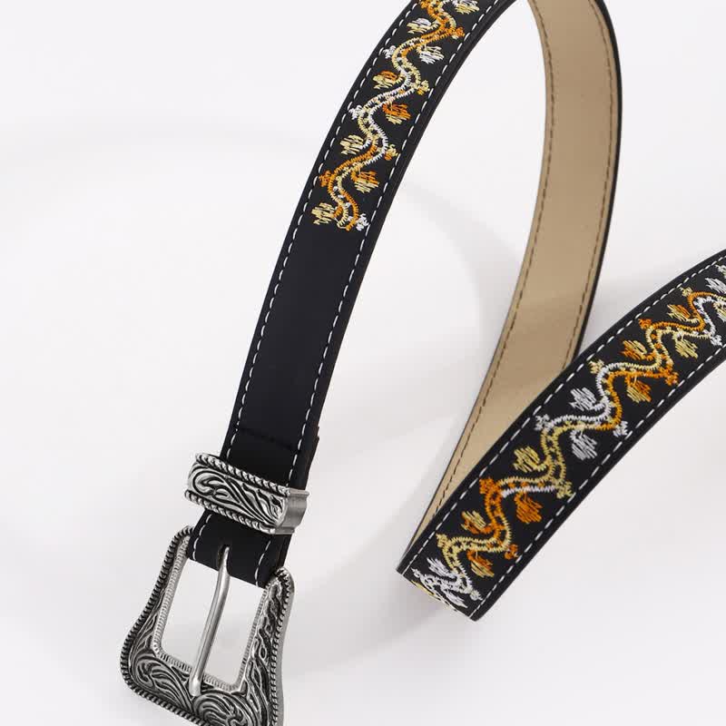 Cintura da donna in pelle con ricamo nero, arancione e bianco